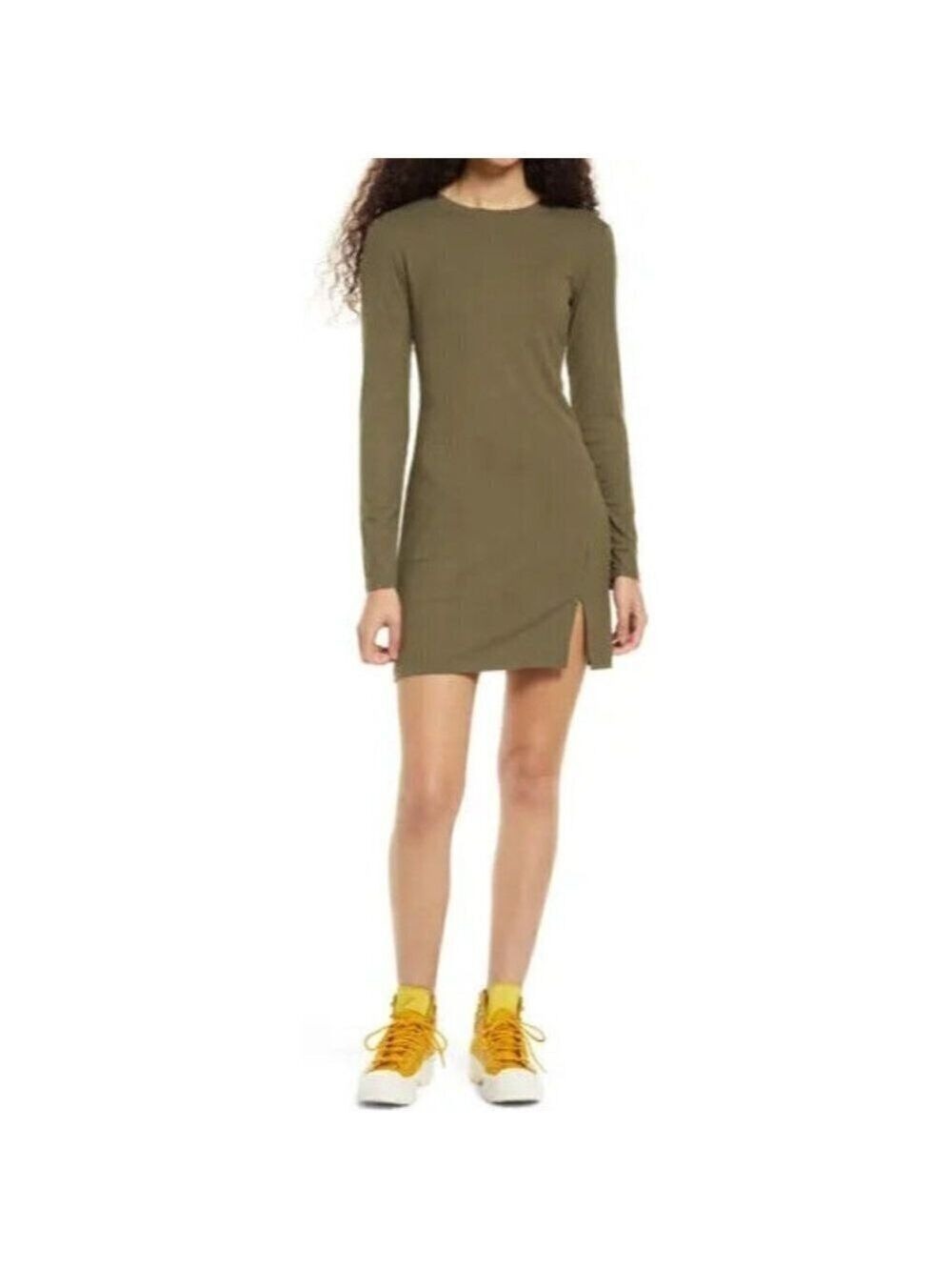 BP Women fitted ribbed olive dress BNWOT sz Xsmall front slit long sleeve